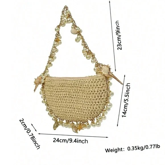 🆕 Straw Seashells and Pearls Shoulder Handbag - Picture 6 of 8
